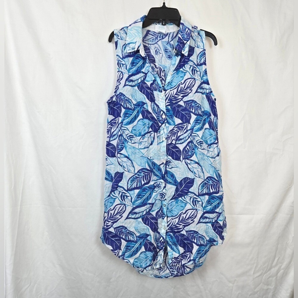 Sigrid Olsen Women Blue Tropical Leaf Coastal Sleeveless Linen Shirt Dress Small